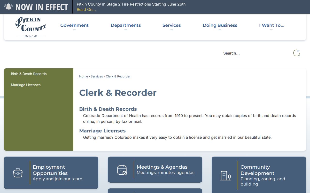 Pitkin County services page linking Clerk and Recorder public services