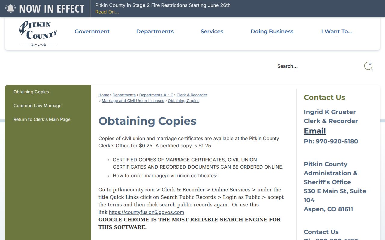Pitkin County copy-order instructions for recorded documents and certificates