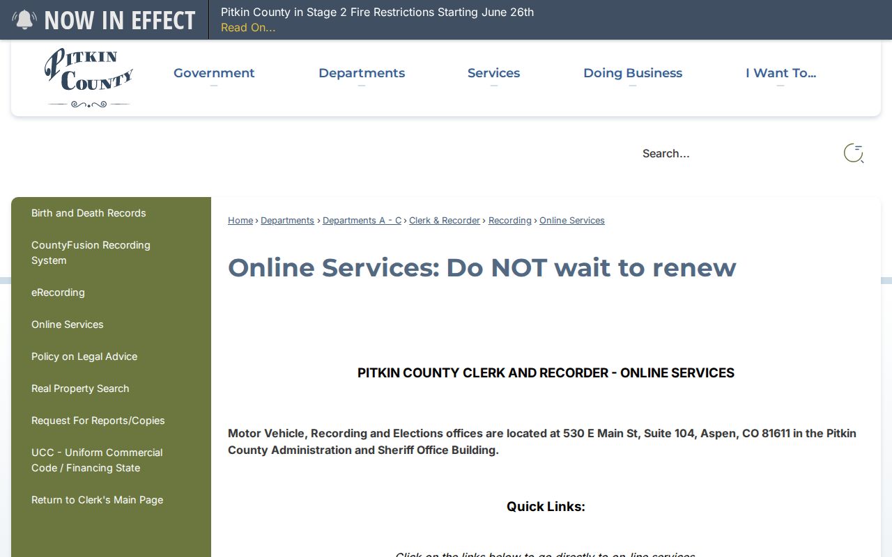 Pitkin County online services page describing recorded document access