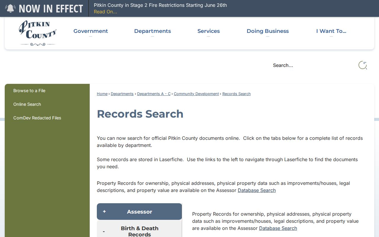 Pitkin County records search page with department document search links