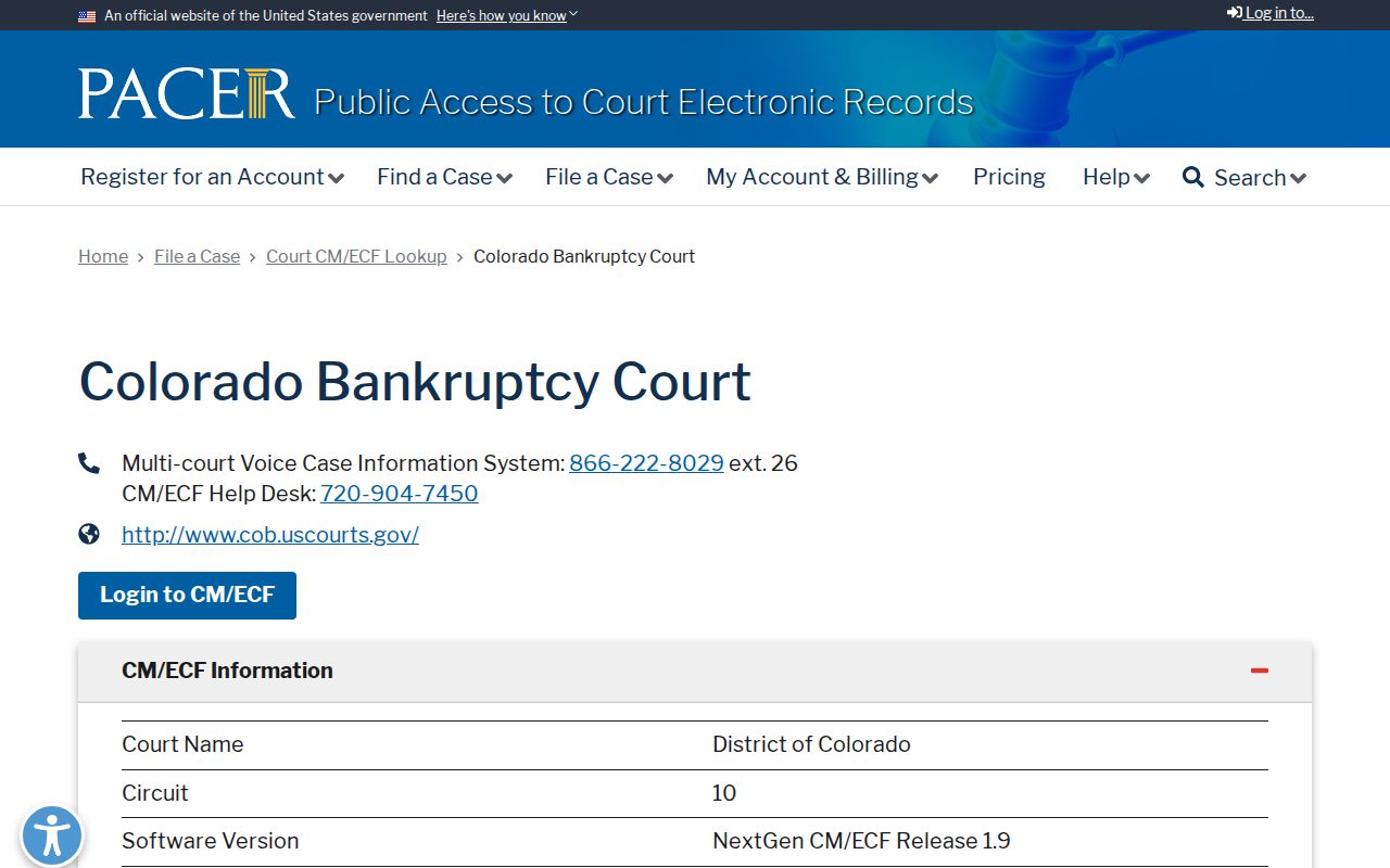 PACER lookup page for Colorado Bankruptcy Court