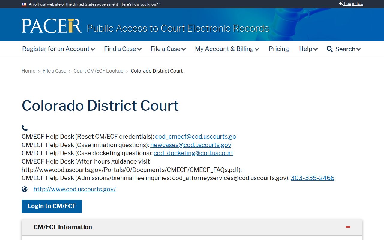 PACER lookup page for the U.S. District Court for the District of Colorado