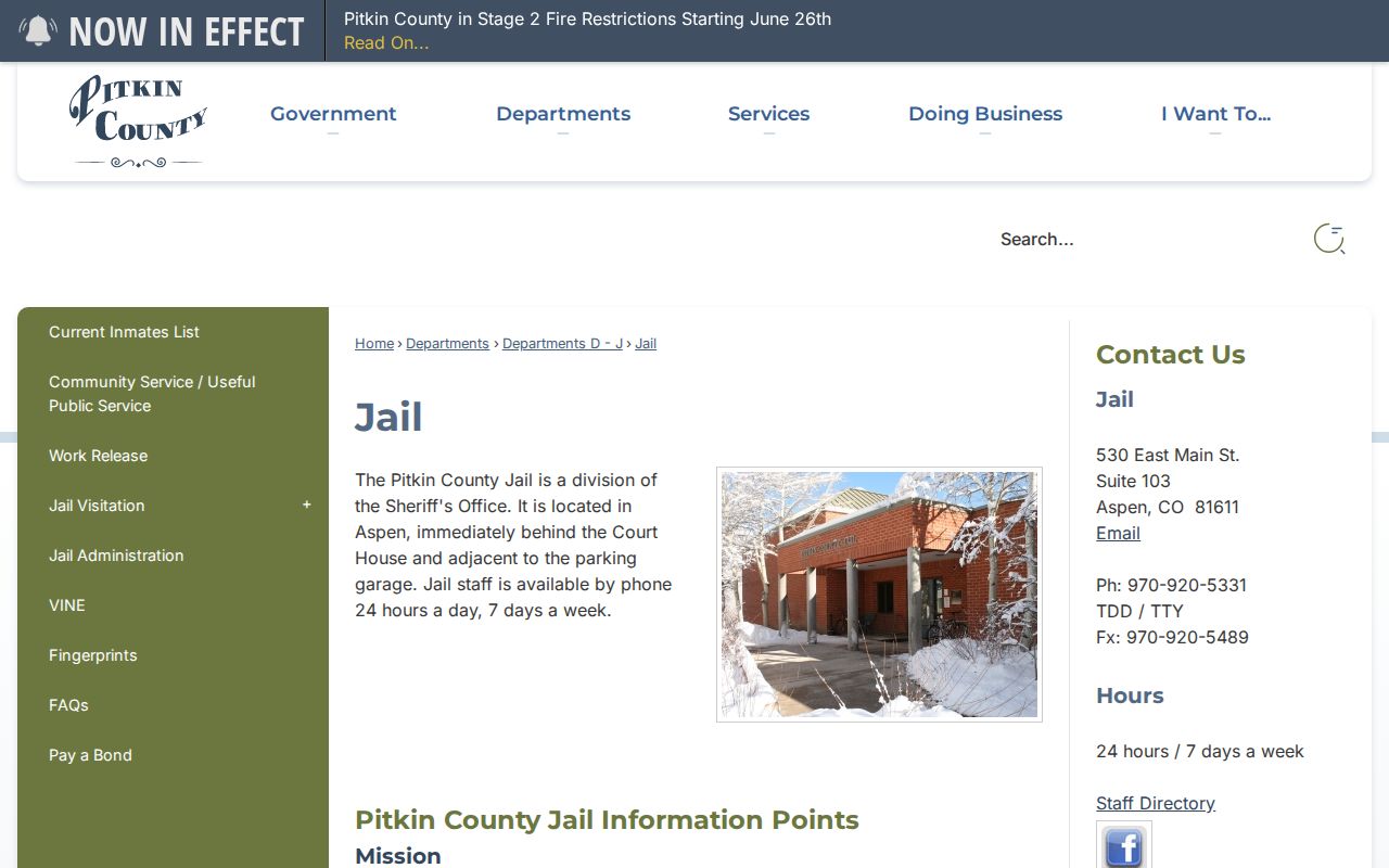 Pitkin County Jail page with direct-supervision jail information