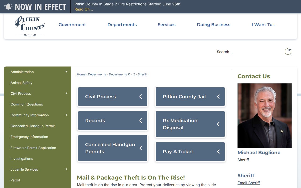 Pitkin County Sheriff's Office page with jail and current inmate links