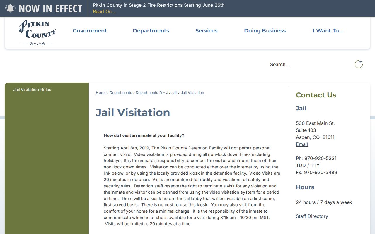 Pitkin Jail Visitation page with video visitation rules