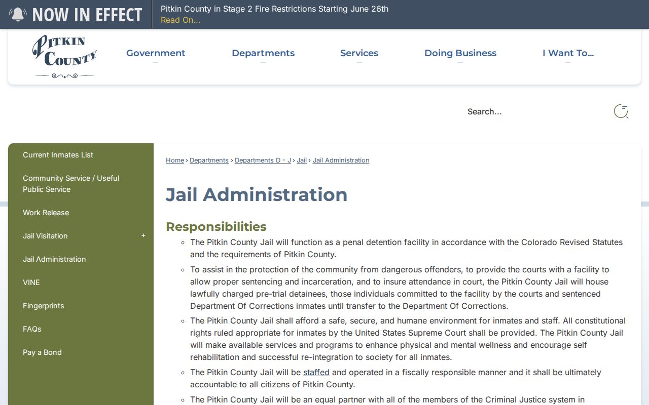 Pitkin Jail Administration page with bond policy information