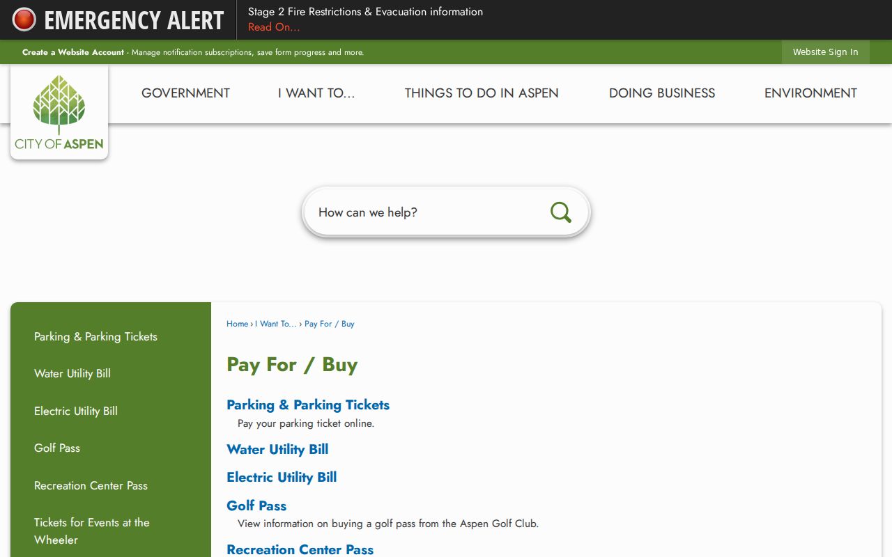 Aspen payment page with municipal court ticket payment instructions