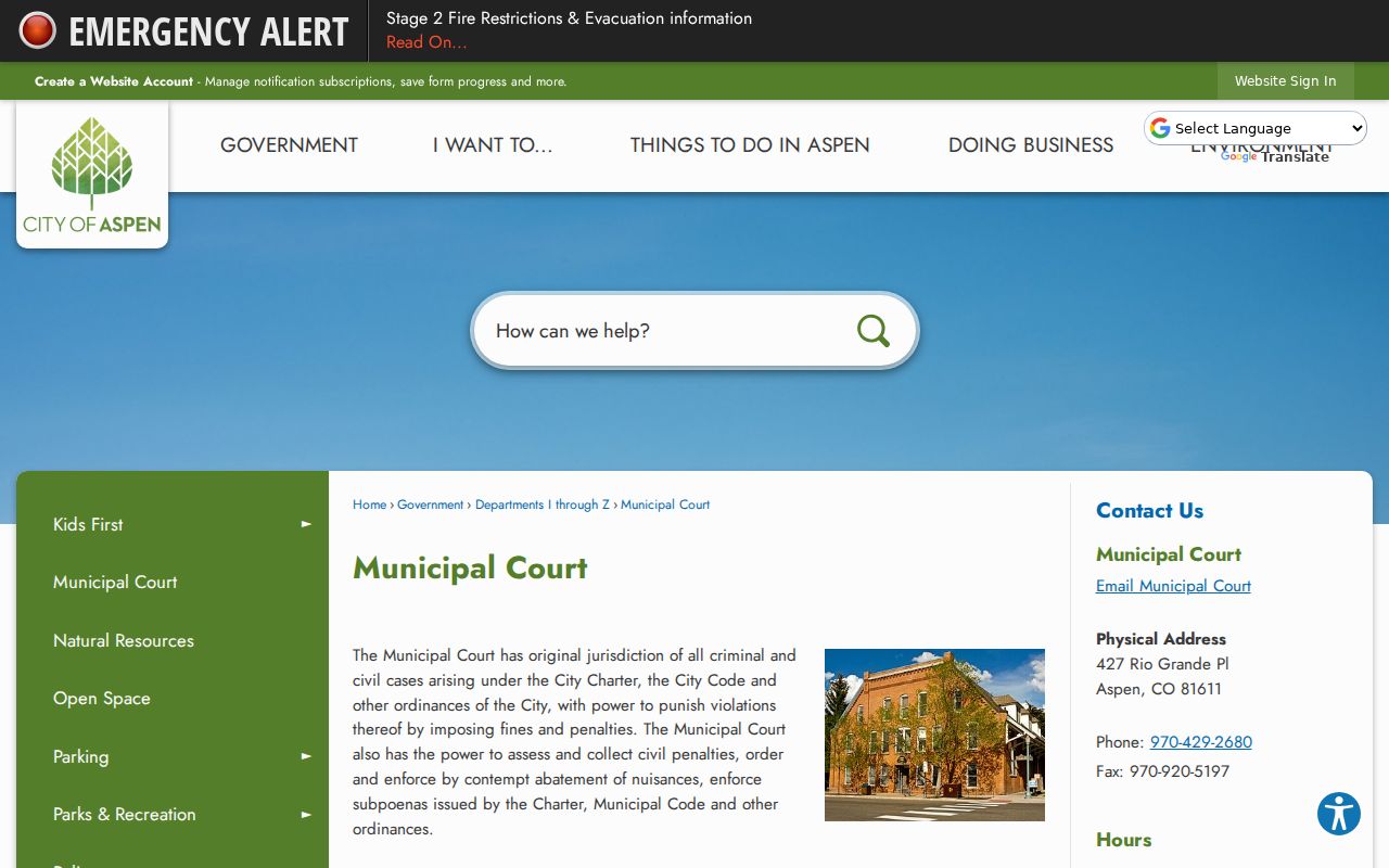 Aspen Municipal Court page with jurisdiction and court session details