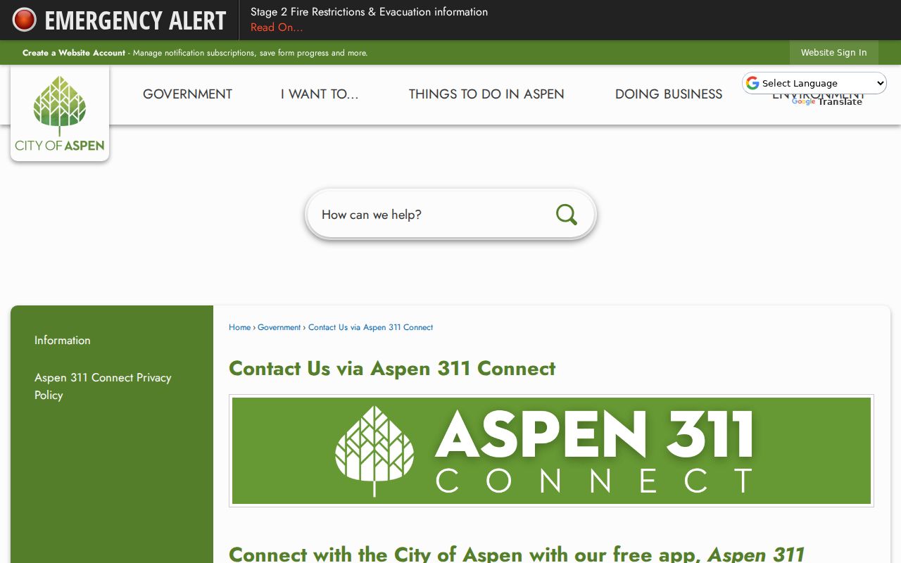 Aspen 311 Connect civic service request page