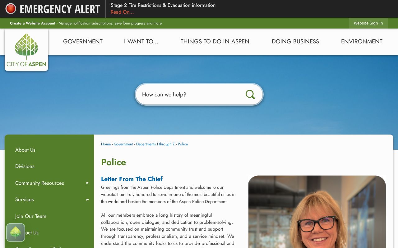 Aspen Police Department page with records and ticket links
